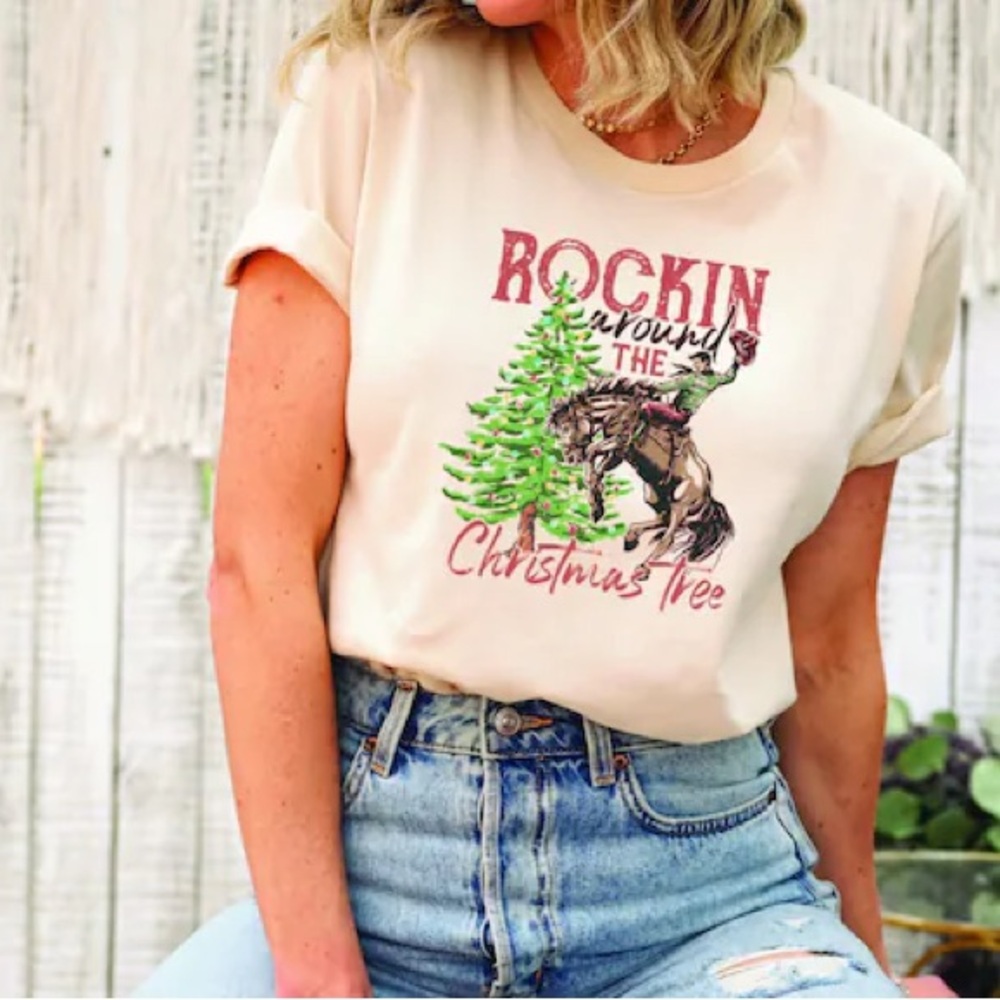 Graphic 'Rockin Around the Christmas Tree' Cream Tee